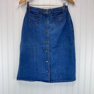 Mizz Lizz Denim Midi Skirt Womens 11/12 Blue Button Front Vintage 70s Style Boho